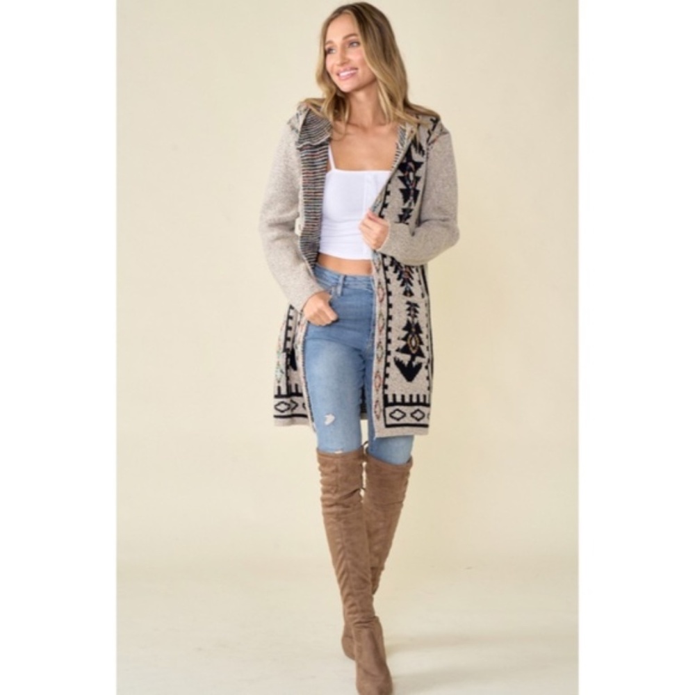 SOLD OUT Oatmeal Aztec Rainbow Western Hooded Knit Cardigan Long Sleeve Open - Picture 3 of 14